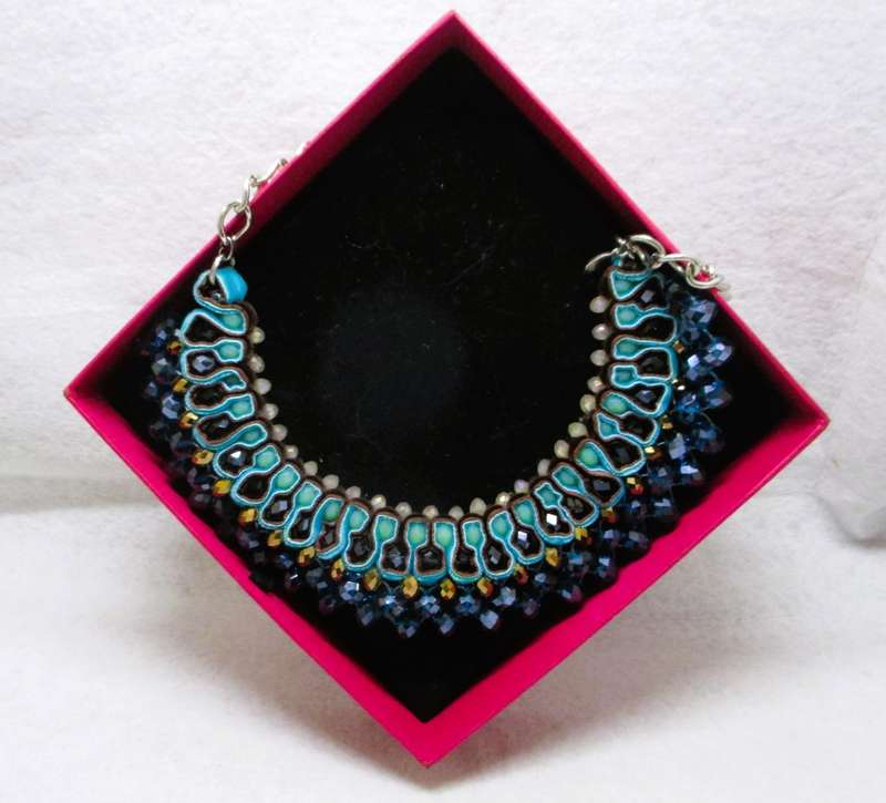 Lovely Vintage intricate choker necklace. Dark blue beads, velvet. Stunning.