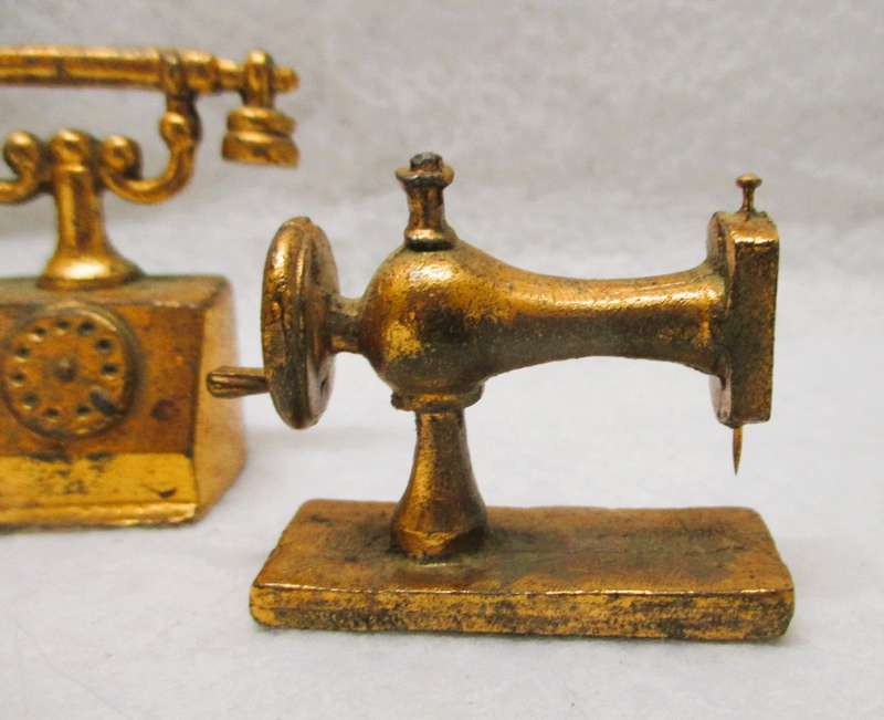 Telephone, Sew Machine and Iron Miniature Dollhouse collectable Item Brass Vintage, Scale per photo.