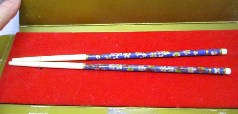 Vintage 1993 Numbered Chinese Blue Floral Cloisonne Chopsticks for Singapore Airlines from Durban