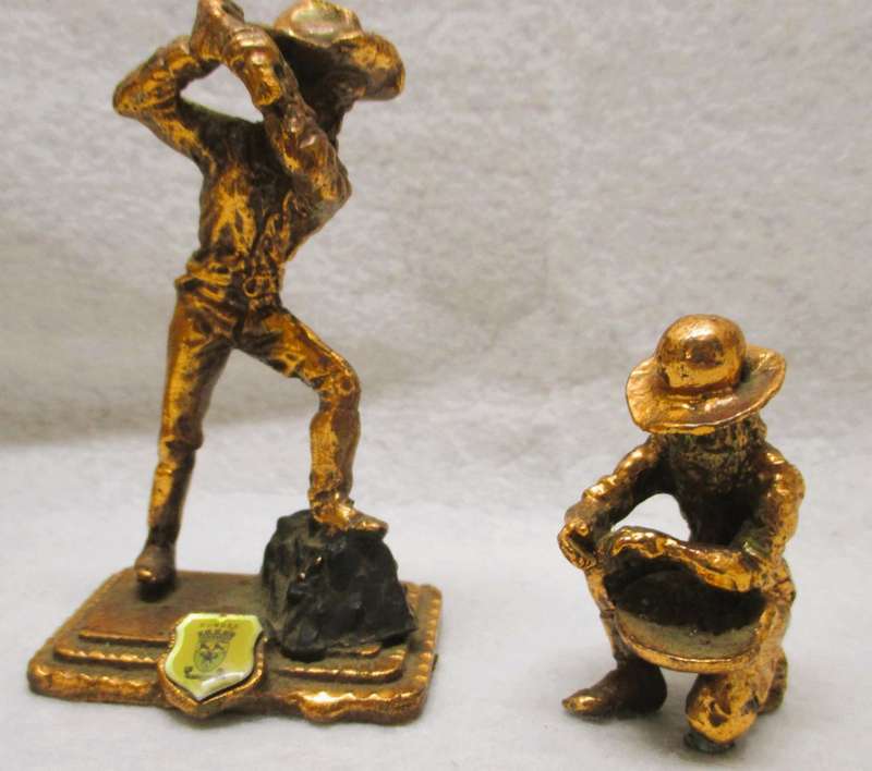 Vintage Miniture brass mining figurenes with Dundee Crest. scale as per photo