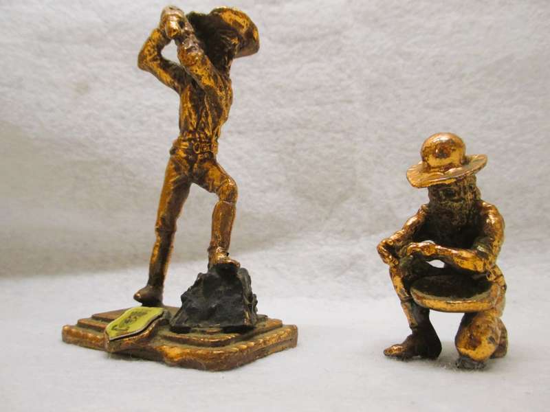 Vintage Miniture brass mining figurenes with Dundee Crest. scale as per photo