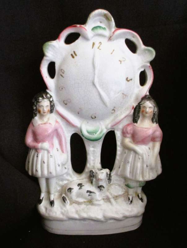Antique Staffordshire Flatback Figure 2 Girls With A Clock And Spaniel Mantlepiece, Repaired 25x13cm