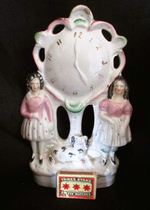 Antique Staffordshire Flatback Figure 2 Girls With A Clock And Spaniel Mantlepiece, Repaired 25x13cm