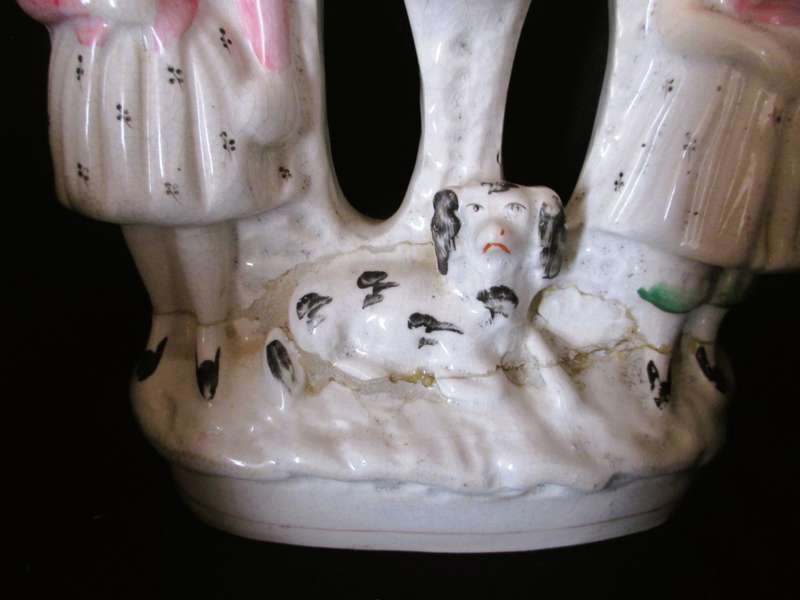 Antique Staffordshire Flatback Figure 2 Girls With A Clock And Spaniel Mantlepiece, Repaired 25x13cm