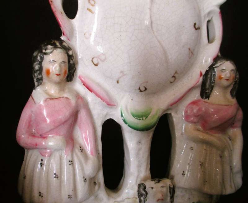 Antique Staffordshire Flatback Figure 2 Girls With A Clock And Spaniel Mantlepiece, Repaired 25x13cm