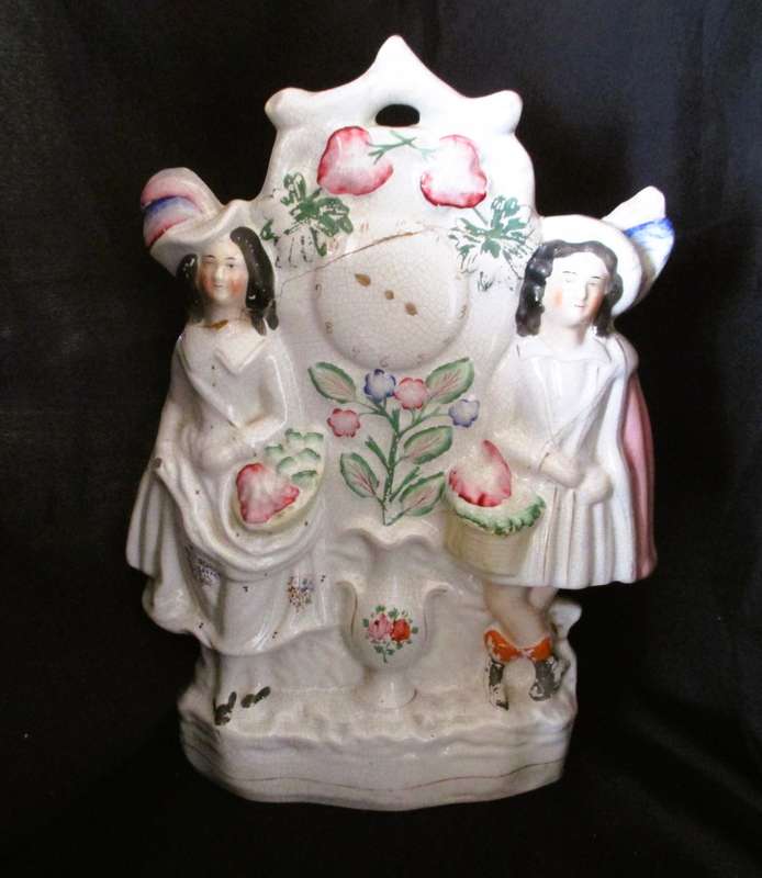Antique Staffordshire Flatback Figure 2 Girls With A Clock, fruit Mantlepiece, Repaired 32x18cm