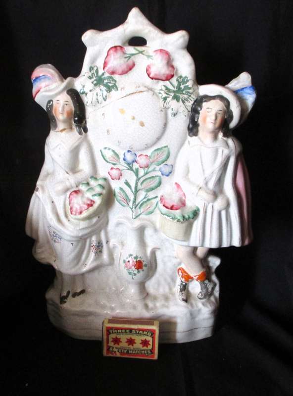 Antique Staffordshire Flatback Figure 2 Girls With A Clock, fruit Mantlepiece, Repaired 32x18cm