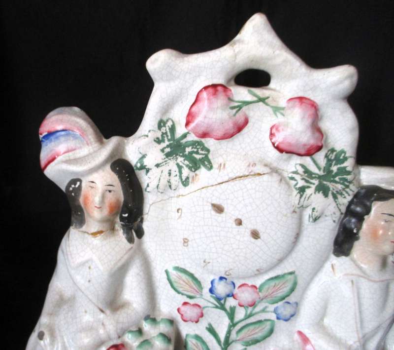 Antique Staffordshire Flatback Figure 2 Girls With A Clock, fruit Mantlepiece, Repaired 32x18cm