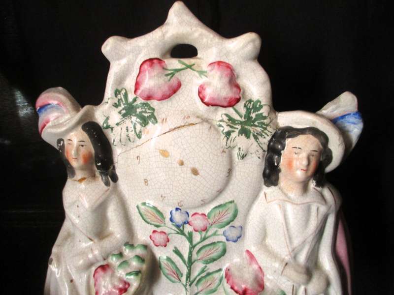 Antique Staffordshire Flatback Figure 2 Girls With A Clock, fruit Mantlepiece, Repaired 32x18cm
