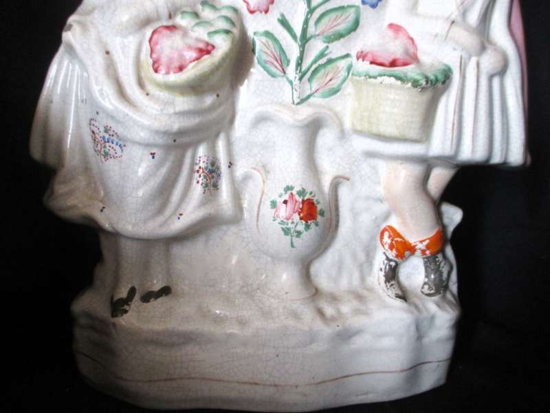 Antique Staffordshire Flatback Figure 2 Girls With A Clock, fruit Mantlepiece, Repaired 32x18cm