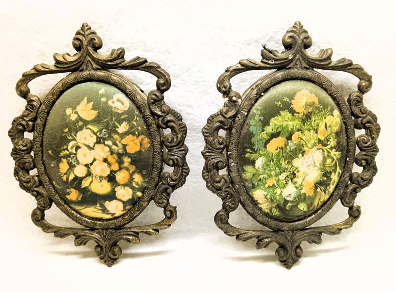 2 Ornate Antique Victorian Brass tone Picture Frame with Silk Flower pictures. 130x 110mm