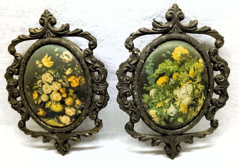 2 Ornate Antique Victorian Brass tone Picture Frame with Silk Flower pictures. 130x 110mm
