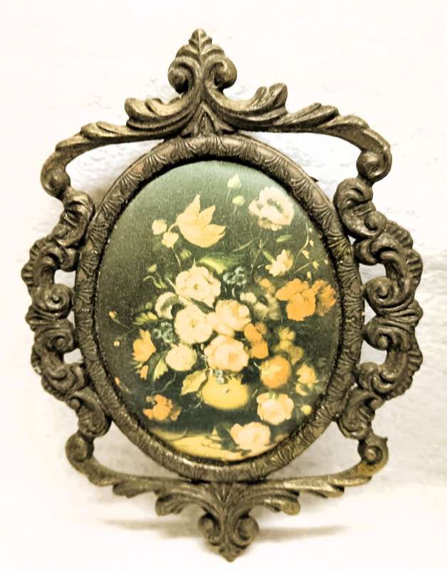 2 Ornate Antique Victorian Brass tone Picture Frame with Silk Flower pictures. 130x 110mm