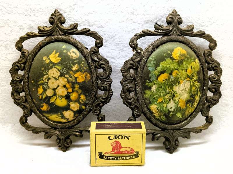 2 Ornate Antique Victorian Brass tone Picture Frame with Silk Flower pictures. 130x 110mm
