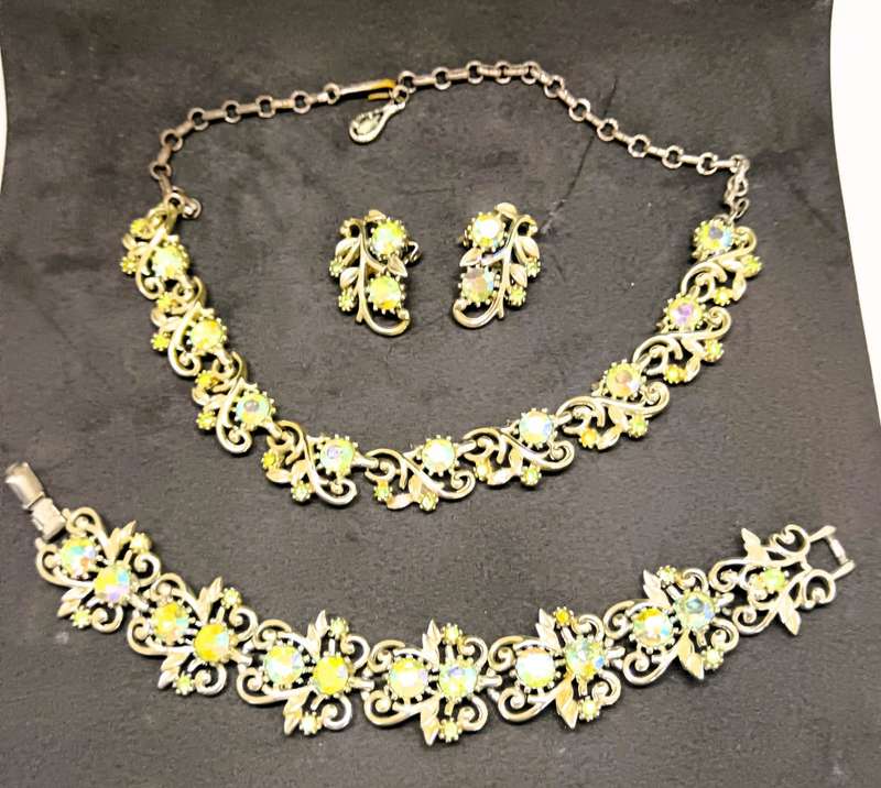 Coro 1950s Aurora Borealis Rhinestone Necklace, Earrings, and Bracelet  Signed
