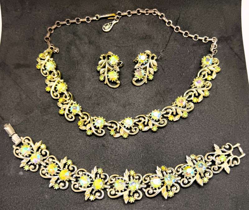 Coro 1950s Aurora Borealis Rhinestone Necklace, Earrings, and Bracelet  Signed