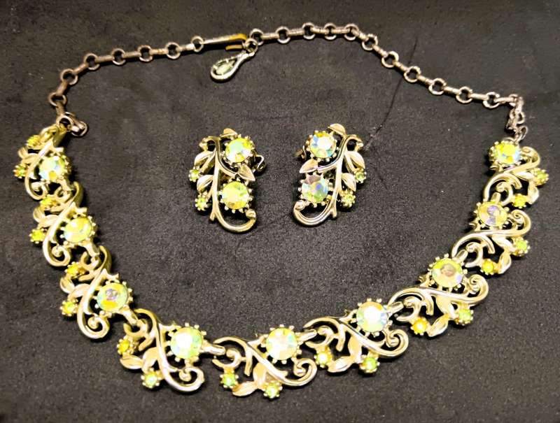 Coro 1950s Aurora Borealis Rhinestone Necklace, Earrings, and Bracelet  Signed