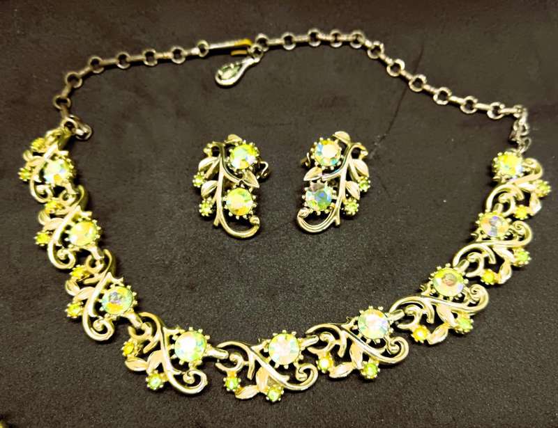 Coro 1950s Aurora Borealis Rhinestone Necklace, Earrings, and Bracelet  Signed