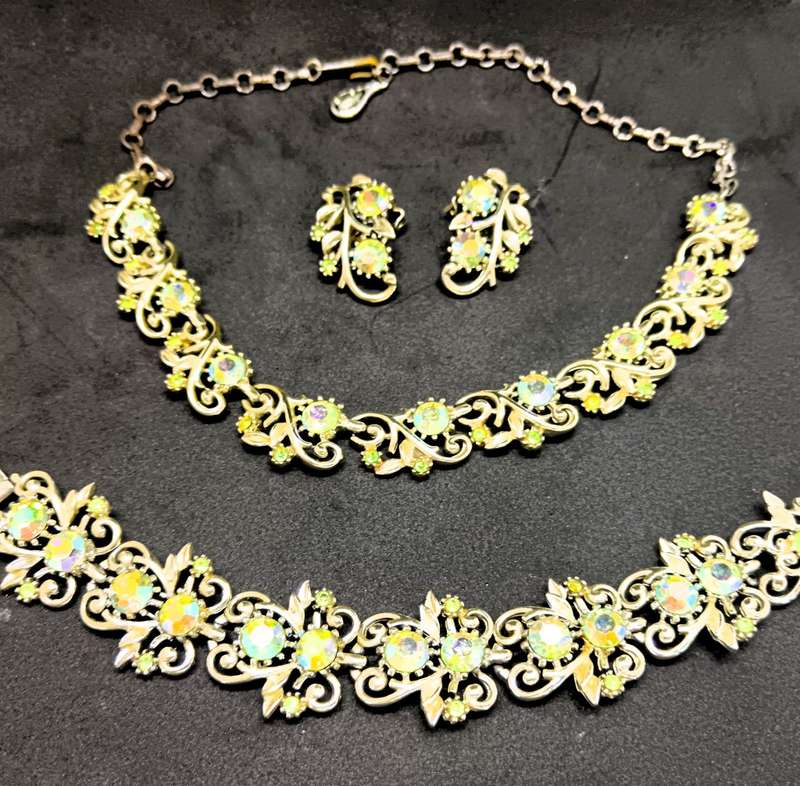 Coro 1950s Aurora Borealis Rhinestone Necklace, Earrings, and Bracelet  Signed