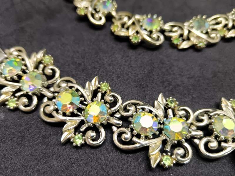 Coro 1950s Aurora Borealis Rhinestone Necklace, Earrings, and Bracelet  Signed
