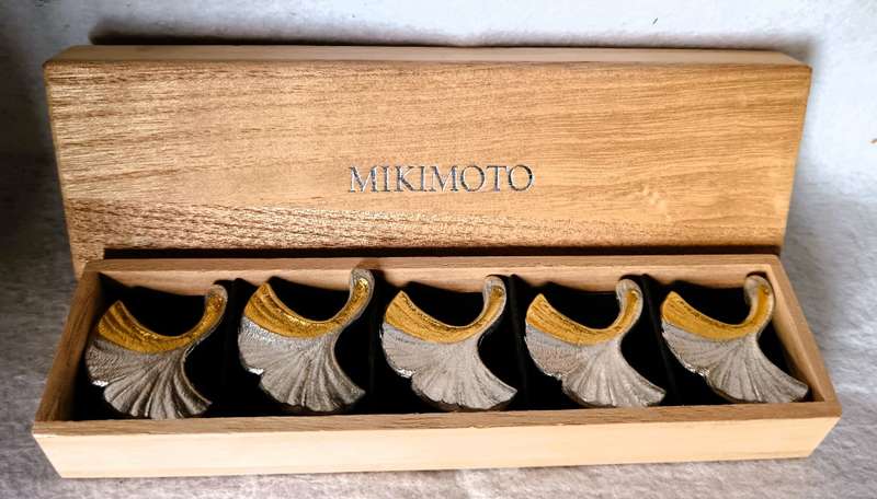 Mikimoto Set of Metal Chopstick Rest (Noh), 120th Anniversary Commemorative Item. Each marked.