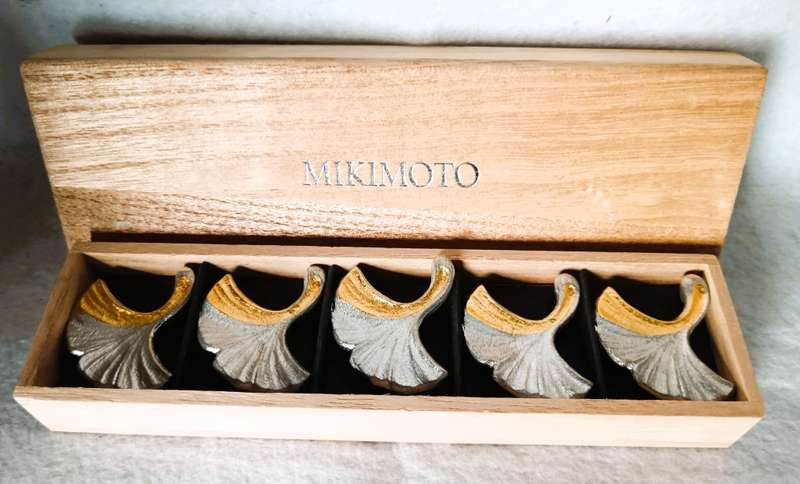 Mikimoto Set of Metal Chopstick Rest (Noh), 120th Anniversary Commemorative Item. Each marked.