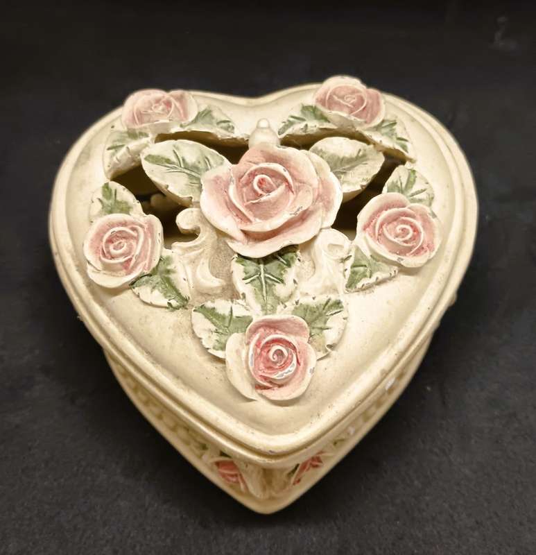 Heart shape porcelain jewelry box and photo frame with cherub baby.