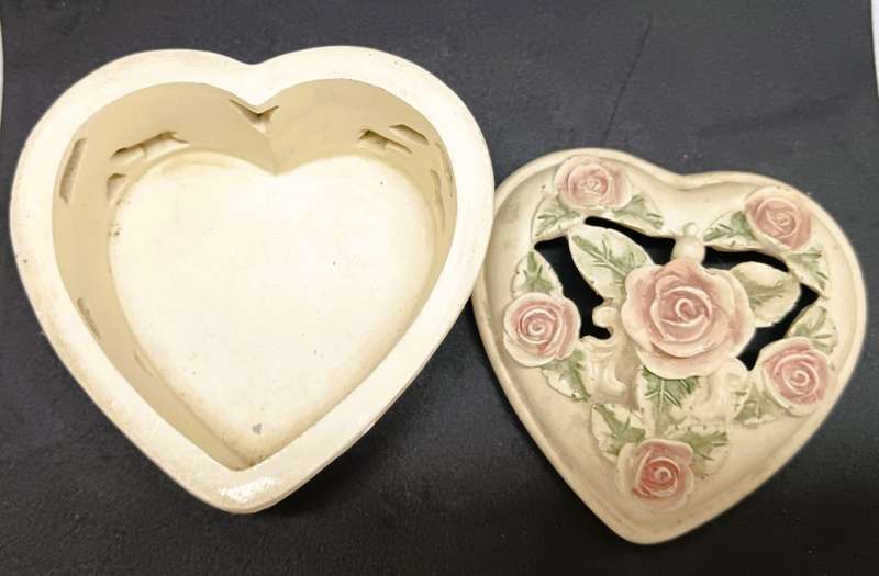 Heart shape porcelain jewelry box and photo frame with cherub baby.