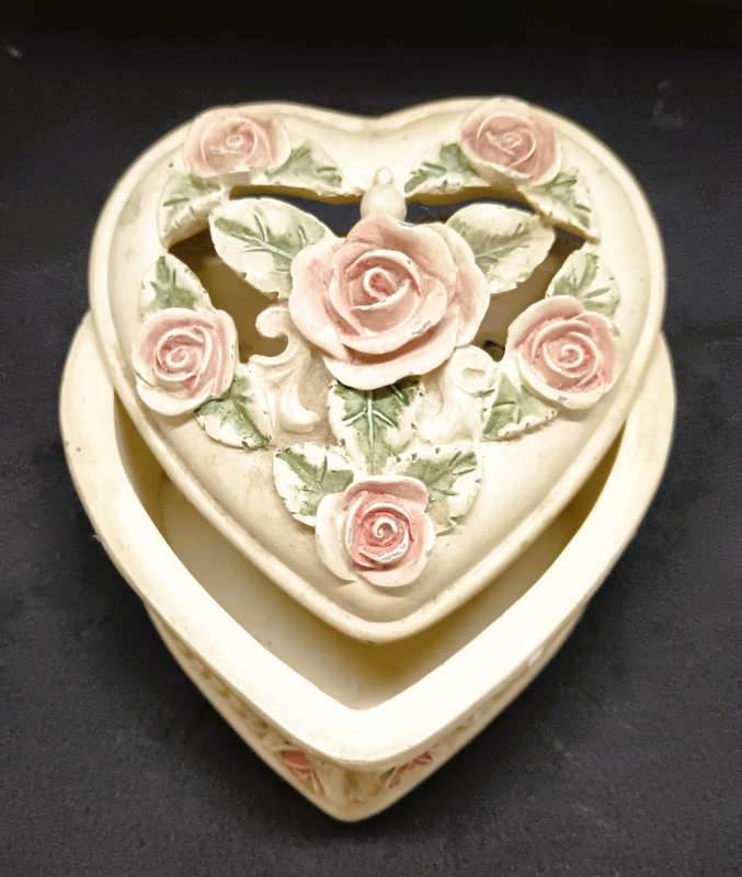 Heart shape porcelain jewelry box and photo frame with cherub baby.