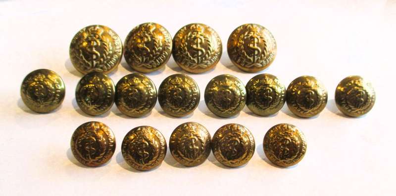 WW1 Period British:"ROYAL ARMY MEDICAL CORPS BRASS BUTTON"  4 big, 13 smaller.