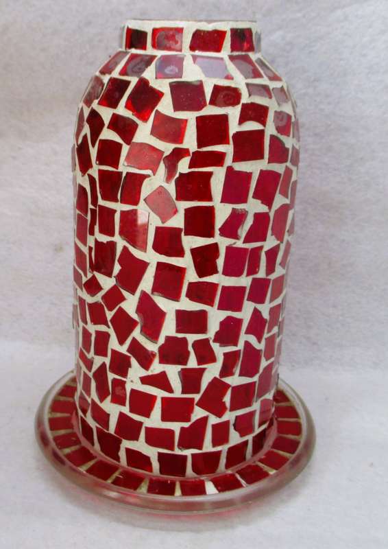 Vintage look candle holder with red mosaic glass, 180mm high
