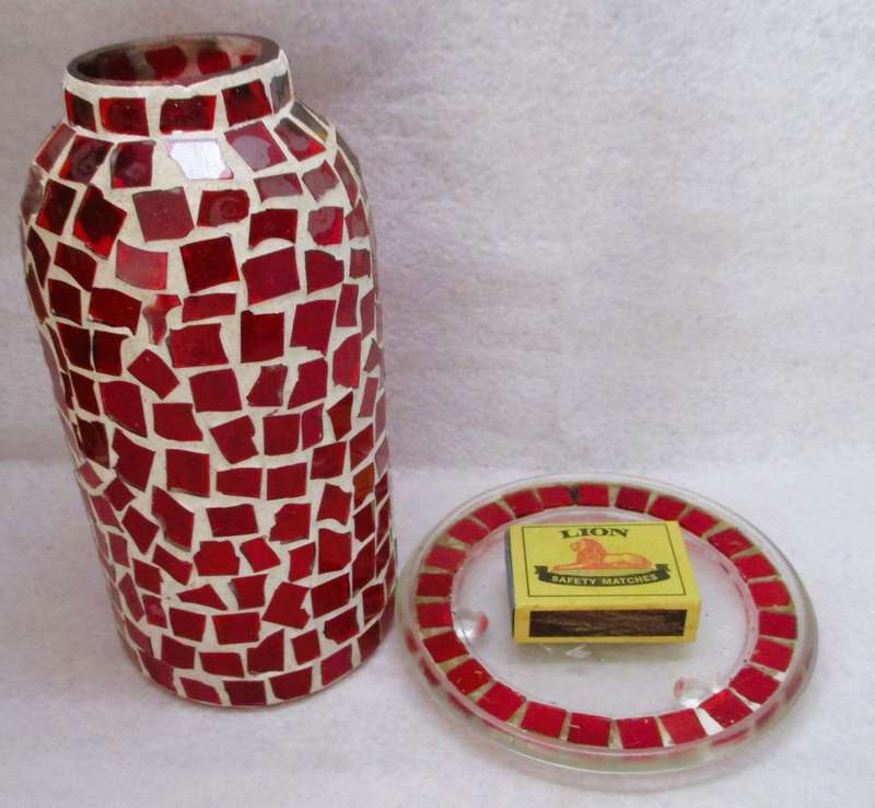 Vintage look candle holder with red mosaic glass, 180mm high