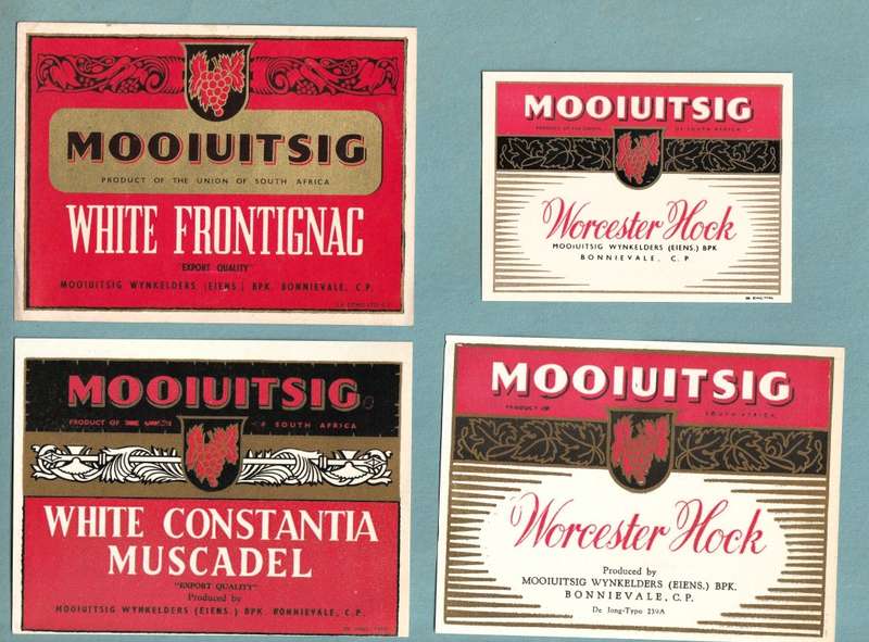4 x Vintage Wine Bottle Labels. Mooiuitsig White Frontignac, Constantia Muscadel, Worcester Hock