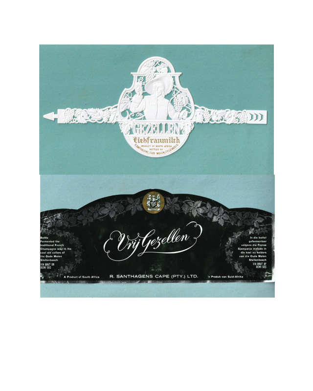 2 x Vintage Champagne Bottle Labels. R Santhsgens. Vry Gezellen and Liebfraumilch. Pastic Label