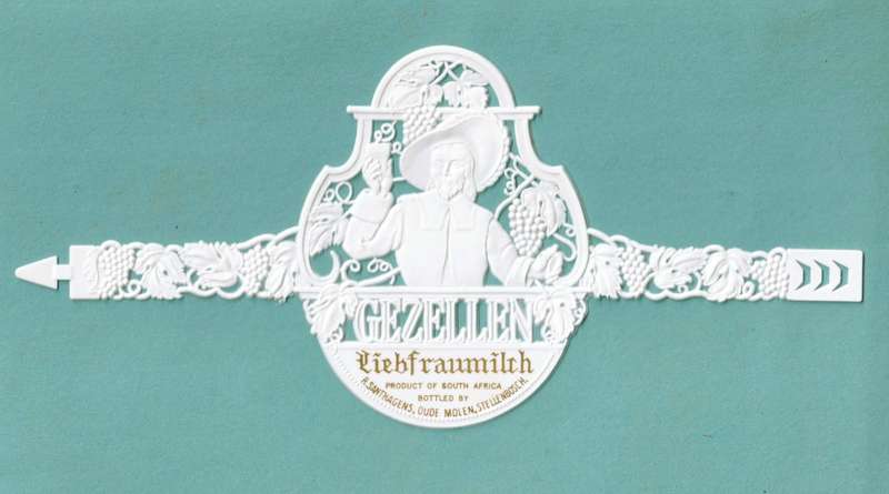 2 x Vintage Champagne Bottle Labels. R Santhsgens. Vry Gezellen and Liebfraumilch. Pastic Label