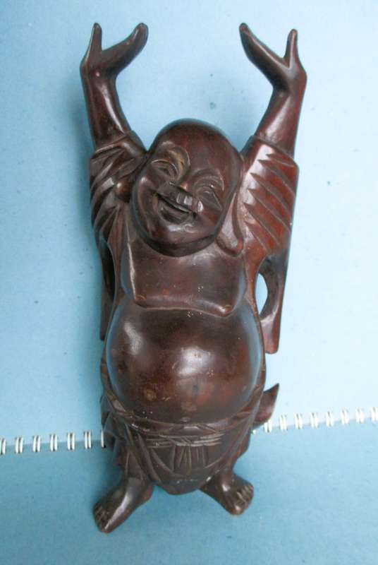 Handmade Laughing Happy Buddha | Vintage Carved Wood Folk Art Sculpture. 190mm high. RARE