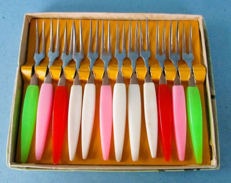 Complete Boxed Set Of 12 Stainless Steel Little Forks For Hors d' Oeuvres, in original box.