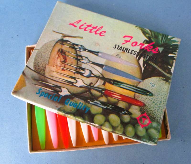 Complete Boxed Set Of 12 Stainless Steel Little Forks For Hors d' Oeuvres, in original box.
