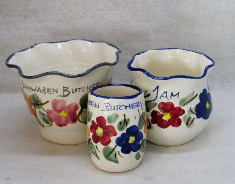 Lot of 3 Colorful Pottery vases/holders made for Schwaben Butchery 2011. As per photo.