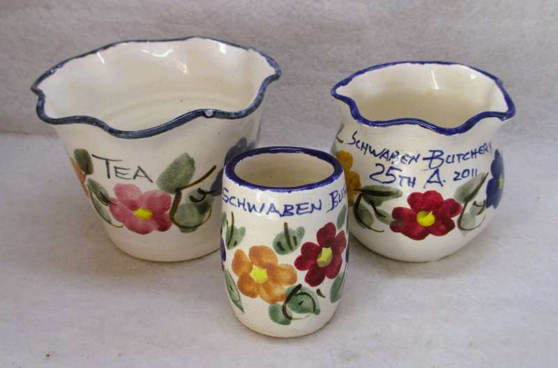 Lot of 3 Colorful Pottery vases/holders made for Schwaben Butchery 2011. As per photo.