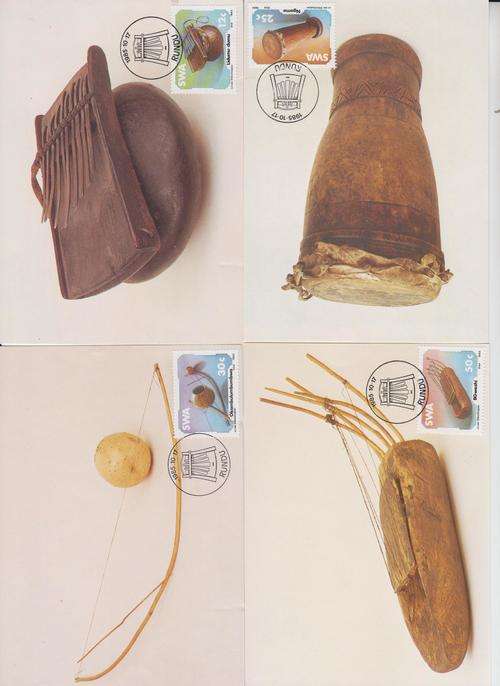 Set of four Postcards. Rundu Indigenous traditional musical instuments 1985.