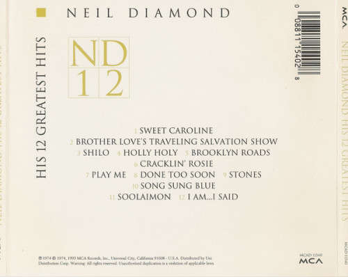Neil Diamond - His 12 Greatest Hits (CD)