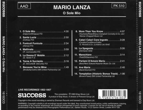 Mario Lanza - O Sole Mio (Greatest Hits Live) (CD)