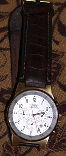 Esprit Mens Watch Silver Face with Gold Numerals and casing, Brown Leather Strap