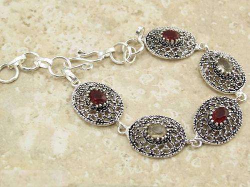 Elegant Antique Style New Garnet & White Topaz Handcrafted Silver Bracelet