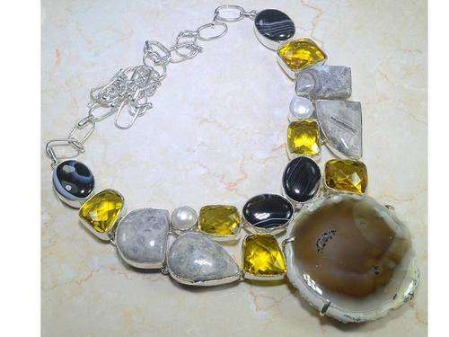Daring Botswana  Agate Dendritic Opal Handcrafted  Multiple Gemstone Silver Fashion Necklace