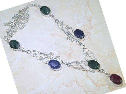 Ruby, Emerald and Saphire Handcrafted Silver Fashion Necklace