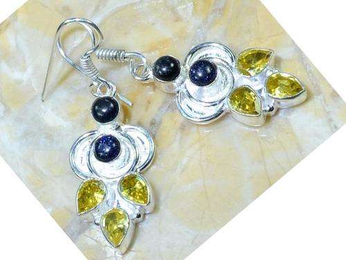 Flashy Citrine and Blue Shimmery Sun Sitara Handcrafted Silver Dangly Earrings