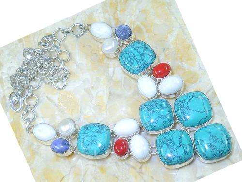 Cheery Turquoise and White Jade Handcrafted Silver Fashion Necklace