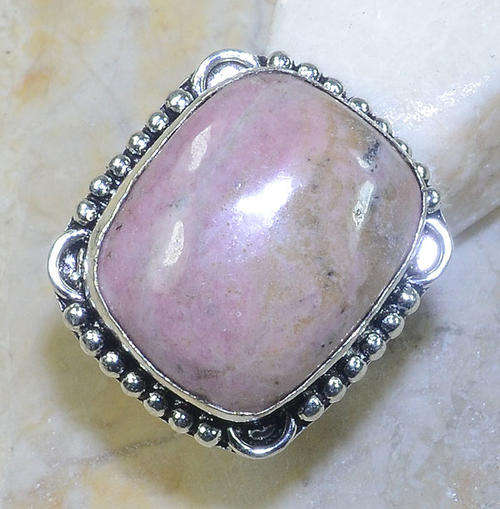Big & Chunky Rhodonite Gemstone Handcrafted Silver Fashion Ring Size 8.25